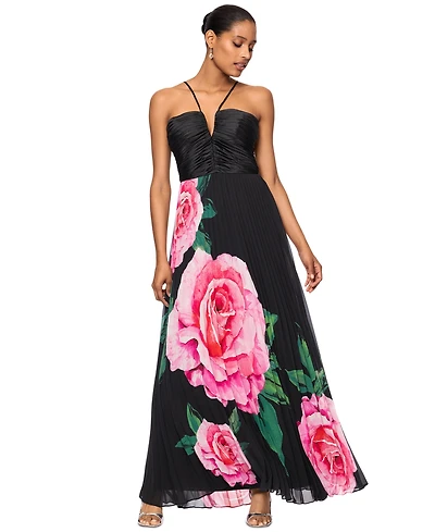 Xscape Women's Floral-Print Pleated Halter Gown