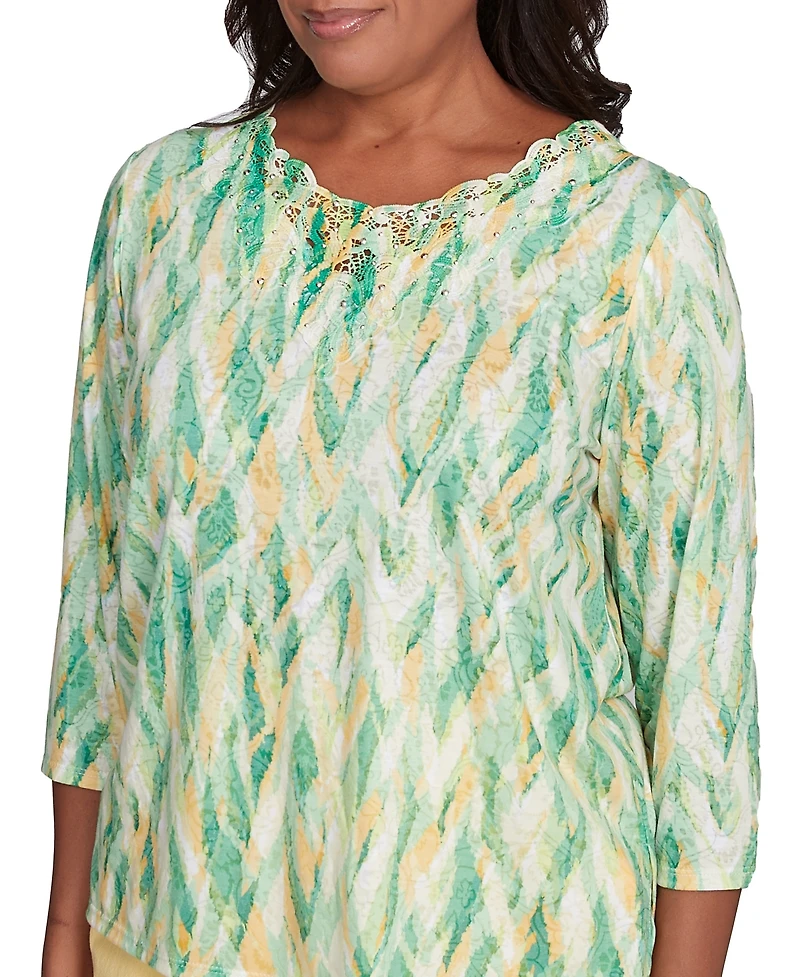 Alfred Dunner Petite Rise & Shine Bright Textured Strokes Embellished Top