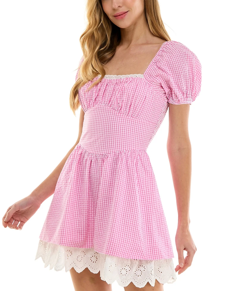 Juniors' Square-Neck Cotton Gingham Dress