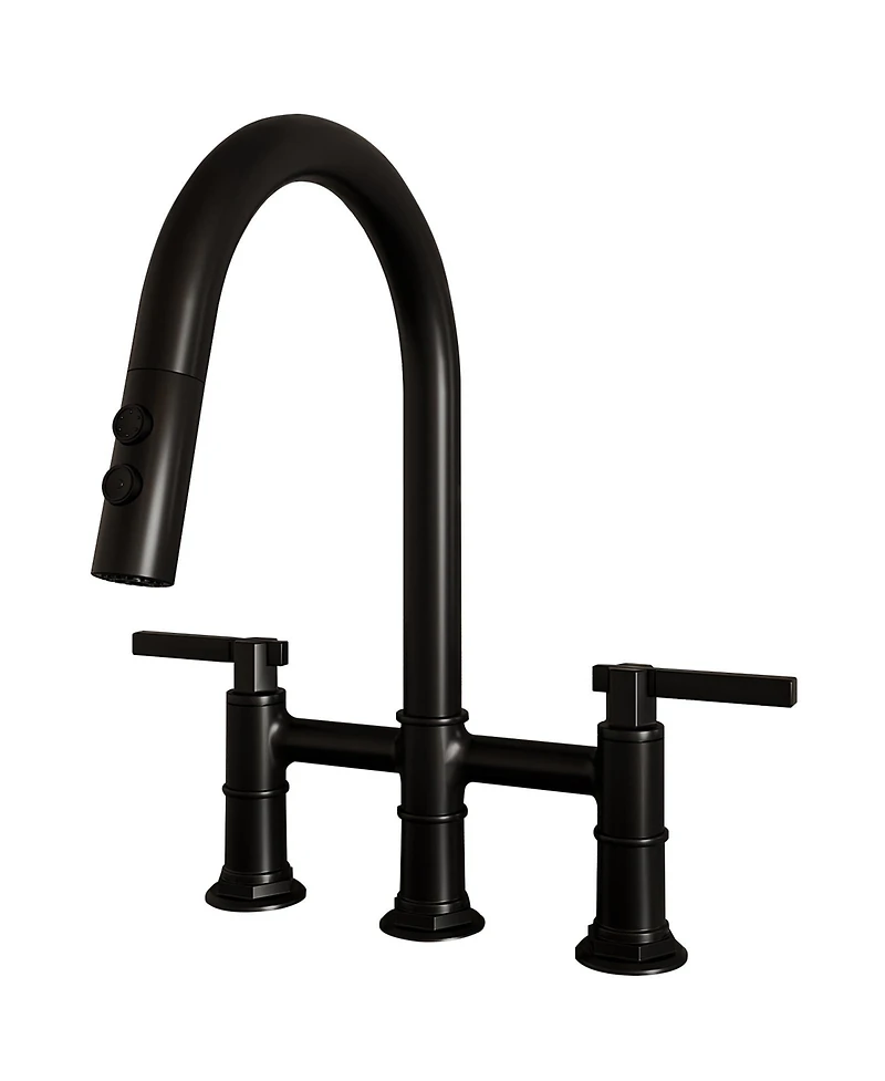Modern Double Handle 3-Holes Deck Mount Bridge Kitchen Faucet with 2-Sprayer Patterns and 360 Swivel Spout in