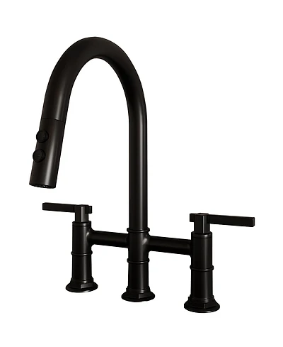 Modern Double Handle 3-Holes Deck Mount Bridge Kitchen Faucet with 2-Sprayer Patterns and 360 Swivel Spout in