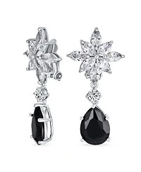 Bling Jewelry Art Deco Style Cluster Floral Cz Cubic Zirconia Statement Dangle Teardrop Chandelier Clip On Earrings Silver Plated
