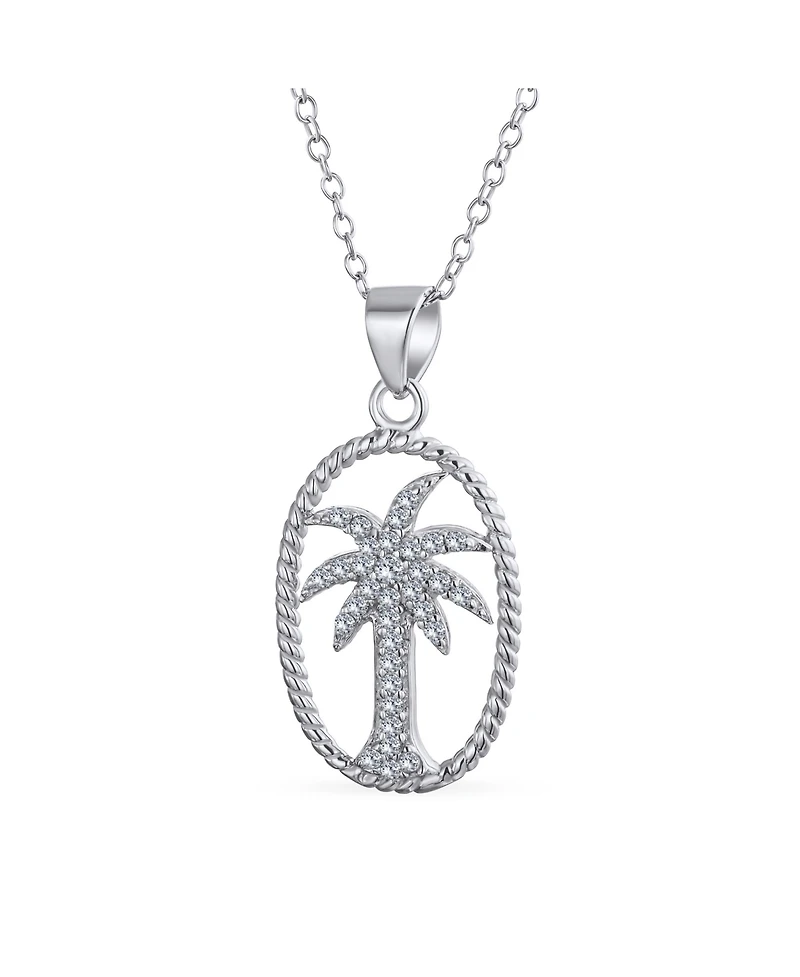 Bling Jewelry Oval Frame Nautical Cz Palm Tree Pendant Necklace in Sterling Silver