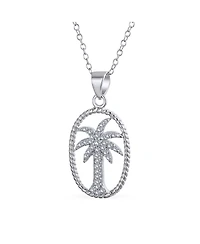 Bling Jewelry Oval Frame Nautical Cz Palm Tree Pendant Necklace in Sterling Silver
