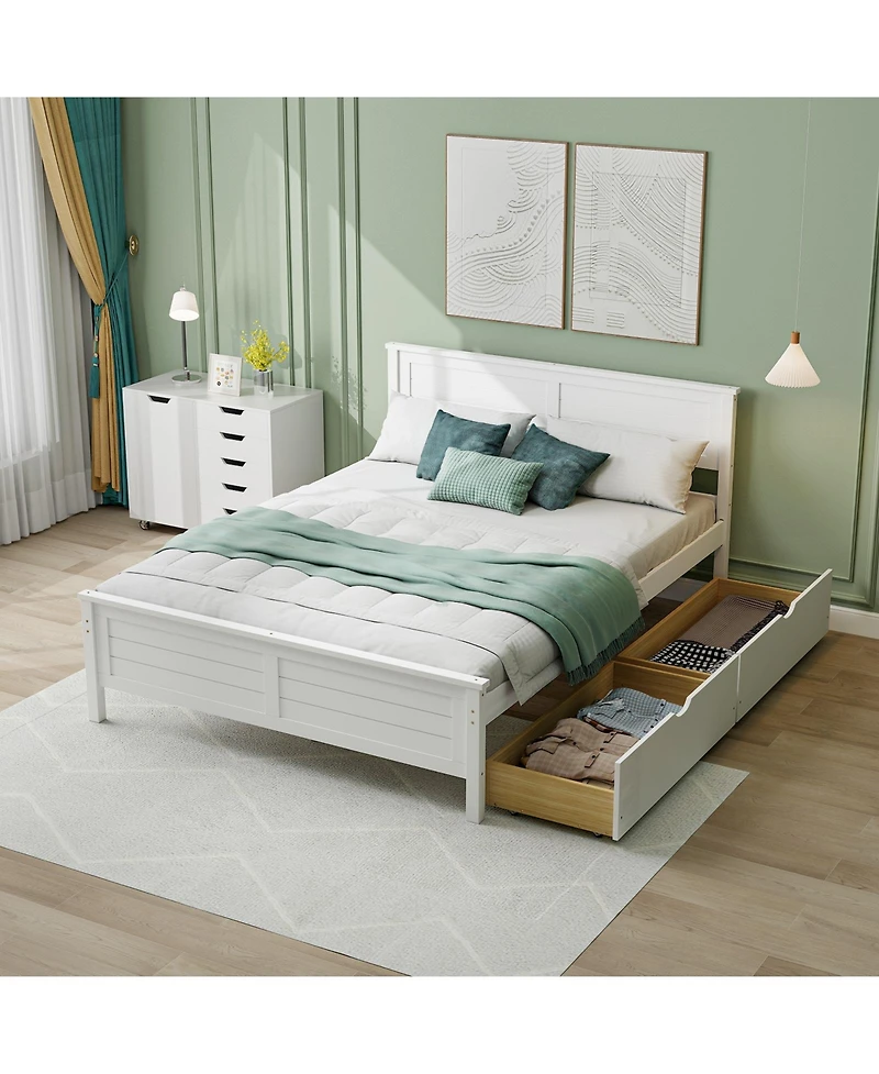 Full Bed Frame with Storage Drawers and Solid Wood Headboard