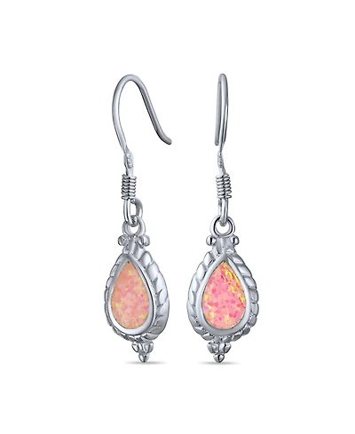 Bling Jewelry Antique Cable Milgrain Cameo Style Teardrop Iridescent White Created Opal Drop Dangle Earrings .925 Sterling Silver French Wire