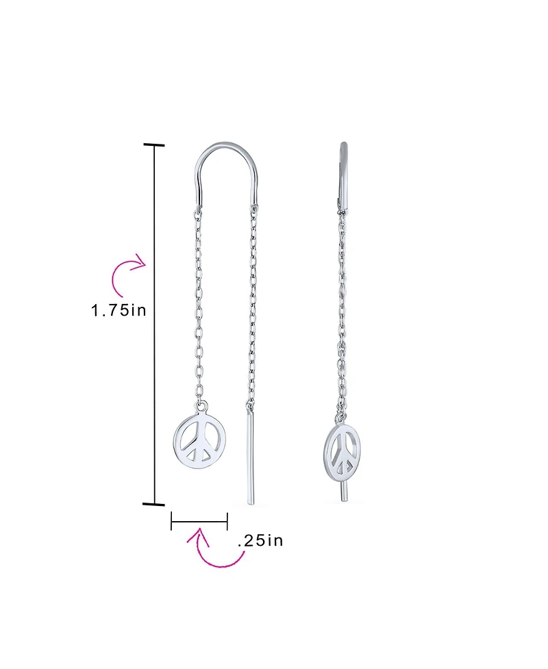 Bling Jewelry Tiny World Peace Sign Dangle Earrings Lightweight Long Flat Chain Threader Sterling Silver
