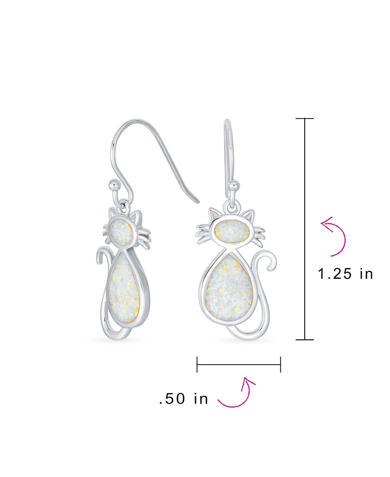 Bling Jewelry Cute Sweet Animal Pet Sitting Kitten Kitty Kat White Created Opal Curious Cat Dangle Earrings .925 Sterling Silver