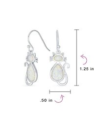 Bling Jewelry Cute Sweet Animal Pet Sitting Kitten Kitty Kat White Created Opal Curious Cat Dangle Earrings .925 Sterling Silver