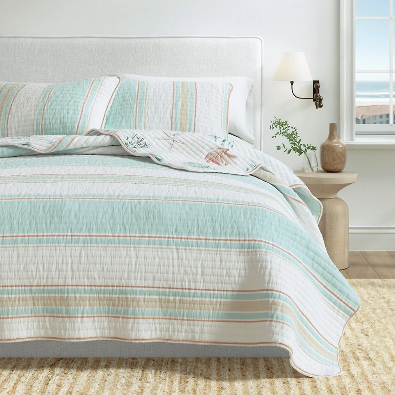 Linery & Co. Cotton Stitched Reversible Coastal Quilt and Sham Set