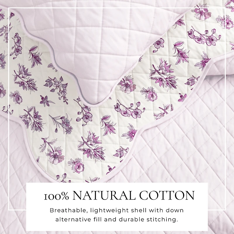 Linery & Co. Cotton Stitched Reversible Floral 3 Piece Scalloped Quilt and Sham Set