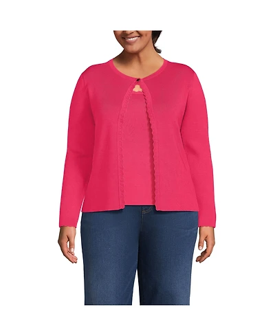 Lands' End Plus Blend Scallop Edge Fitted Cardigan Sweater - Set Top