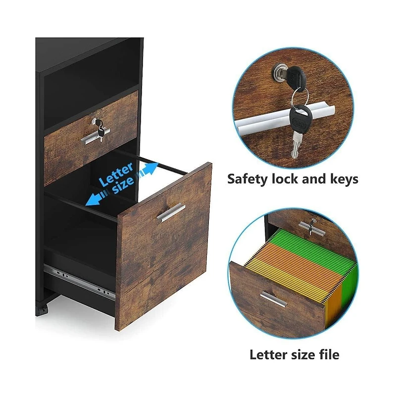 Tribesigns Mobile File Cabinet with Lock, 2 Drawer Wood Filing Cabinet for Letter Size, Modern Printer Stand with Rolling Wheels Open Storage Shelf fo