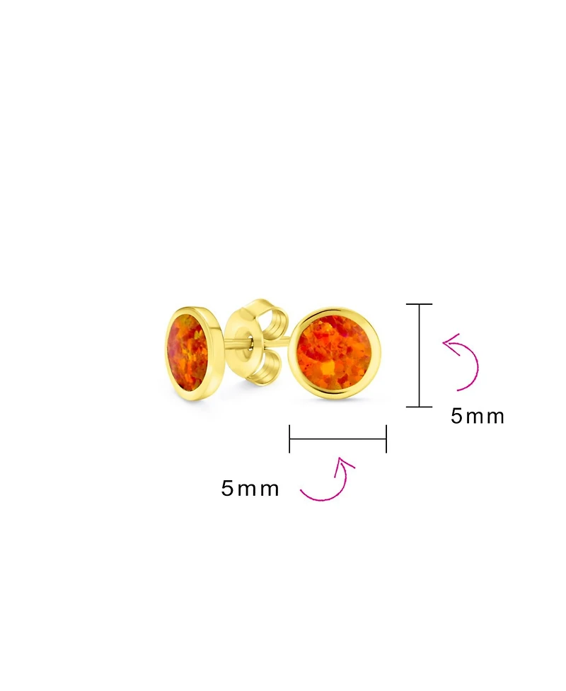 Bling Jewelry Classic Iridescence Bezel Setting Flat Round Circle Created Orange Fire Opal Stud Earrings Gold Plated .925 Sterling Silver Small 5MM