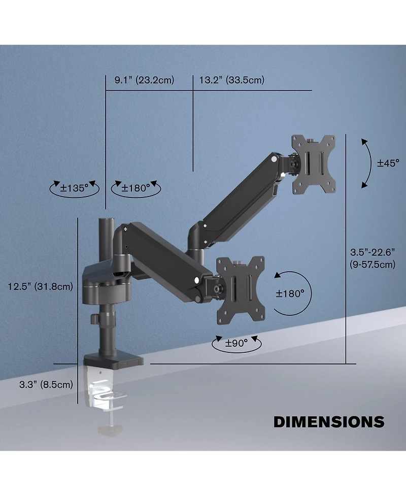 ProMounts Landscape to Portrait Double Monitor Arms for 13" to 32" Screens Holds up to 17.6 lbs
