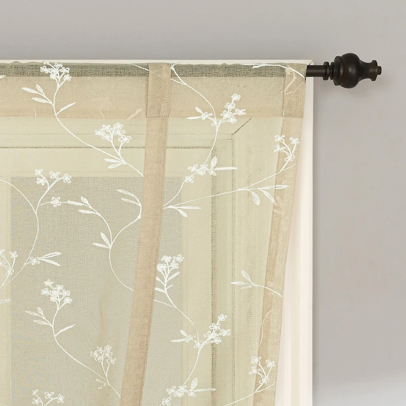 Bridget Embroidered Leaf Sheer Rod Pocket Window Tie-up Shade