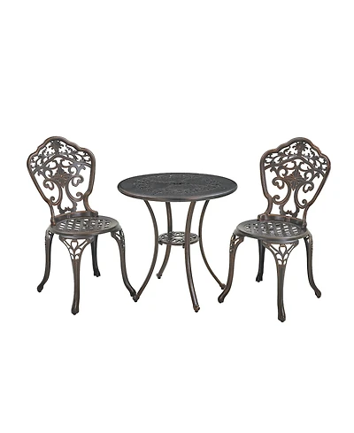 Bistro Table and Chairs Set of 3 Outdoor Bistro Set 3 Piece Cast Aluminum Patio Dining Set Round Patio Table with Umbrella Hole, Bronze