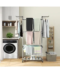 Foldable Clothes Drying Rack, Oversized 4-Tier Collapsible Laundry Rack w/ 3 Retractable Trays, Hanger Holders