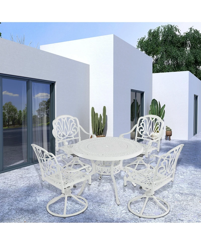 5-Piece Cast Aluminum Outdoor Dining Set Patio Table with Umbrella Hole Outdoor Swivel Rockers Patio Dining Chairs in White