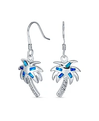 Bling Jewelry Created Blue Opal Beach Tropical Inlay Palm Tree Dangle French Wire Earrings .925 Sterling Silver