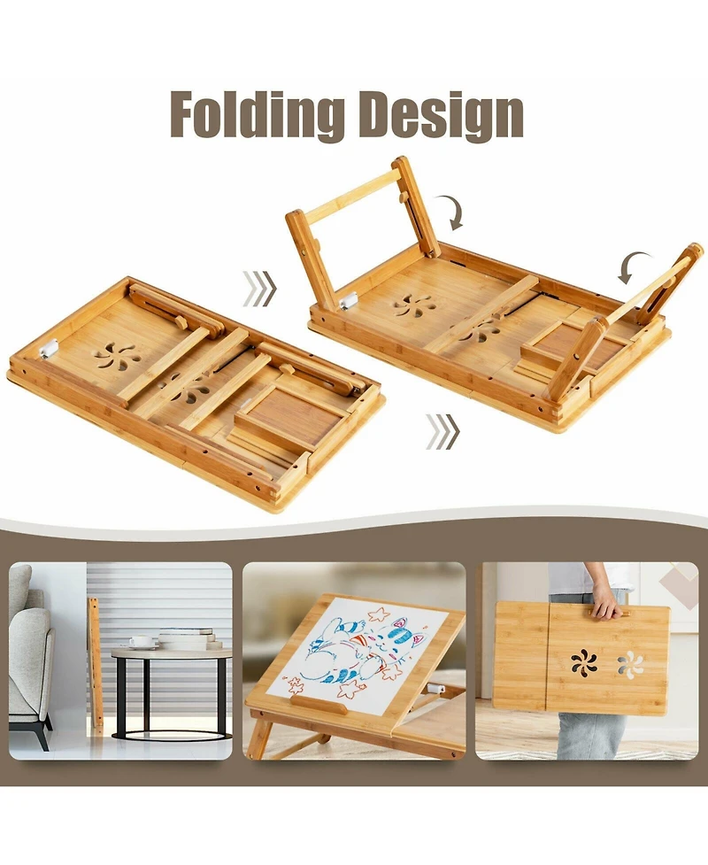 Bamboo Laptop Lap Tray with Adjustable Legs and Tilting Heat-dissipation Top