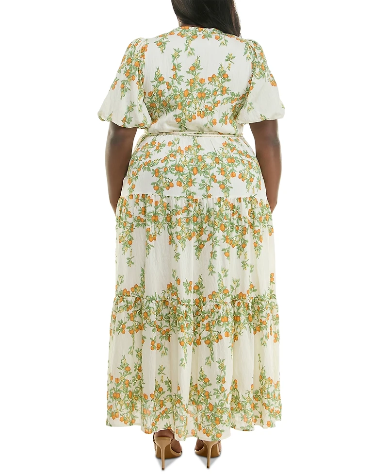 Taylor Plus Floral Split-Neck Puff-Sleeve Maxi Dress