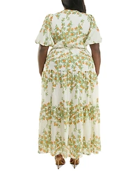 Taylor Plus Floral Split-Neck Puff-Sleeve Maxi Dress