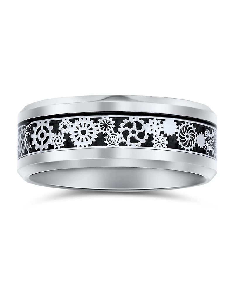 Bling Jewelry Steampunk Gear Wheel Silver Black Plated Titanium Ring Band Carbon Fiber Inlay Beveled Edges Comfort Fit