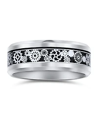 Bling Jewelry Steampunk Gear Wheel Silver Black Plated Titanium Ring Band Carbon Fiber Inlay Beveled Edges Comfort Fit
