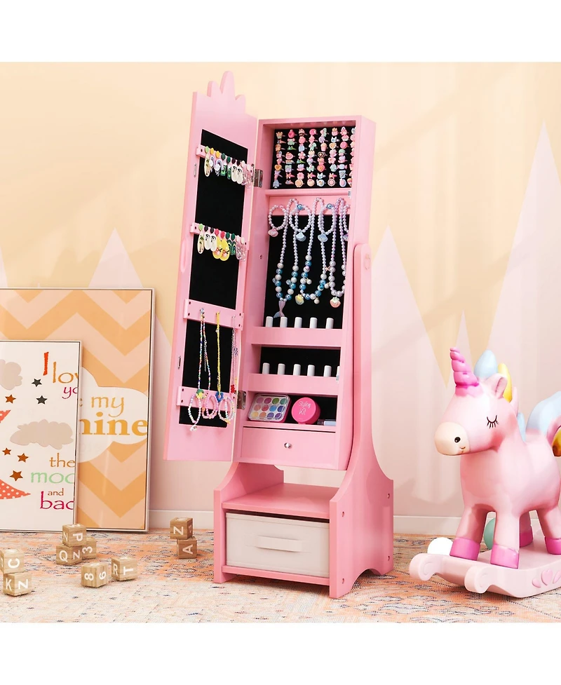 Kids Jewelry Cabinet with Full-Length Mirror for Kids Bedroom and Playroom