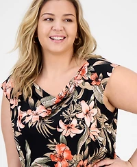 Kasper Plus Size Printed Cowlneck Cap-Sleeve Knit Top