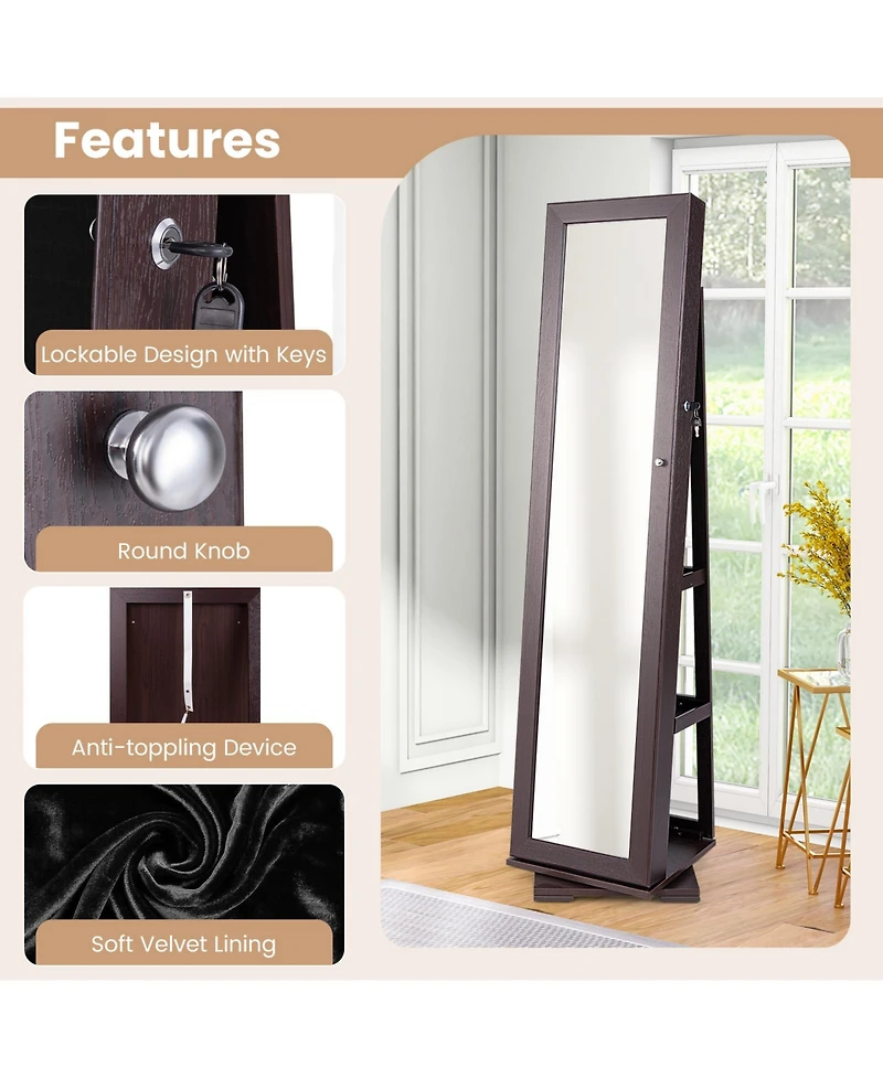 360° Rotatable 2-in-1 Lockable Jewelry Cabinet with Full-Length Mirror