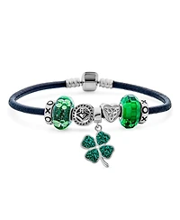 Bling Jewelry Celtic Clover Charm Bracelet with Irish Knot and Claddagh Bead on Leather 7.5 Inch