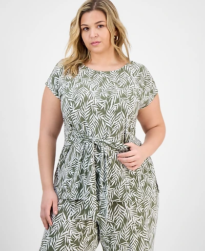 Kasper Plus Printed Tie-Waist Cap-Sleeve Top