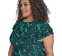Tommy Hilfiger Plus Size Dotty Hibiscus Flutter-Sleeve Dress