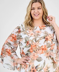 Kasper Plus Printed Flared-Sleeve Blouse
