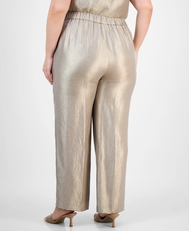 Kasper Plus Metallic Wide-Leg Pull-On Pants