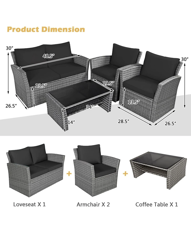Gymax 4 Piece Outdoor Furniture Set Patio Rattan Conversation Set w/ Cushions