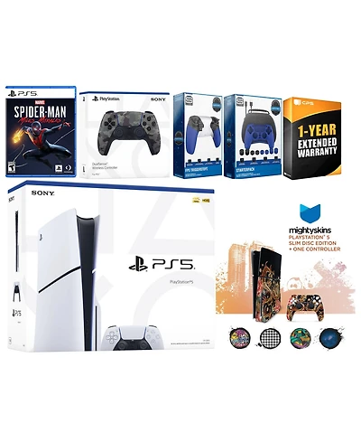 Sony Playstation 5 Slim Disc with Spider-Man: Miles Morales, Extra Sterling Silver Controller, Gamer Kit, Trigger Kit and MightySkins Decal Voucher +