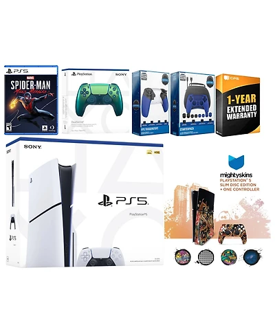 Sony Playstation 5 Slim Disc with Spider-Man: Miles Morales, Extra Sterling Silver Controller, Gamer Kit, Trigger Kit and MightySkins Decal Voucher +
