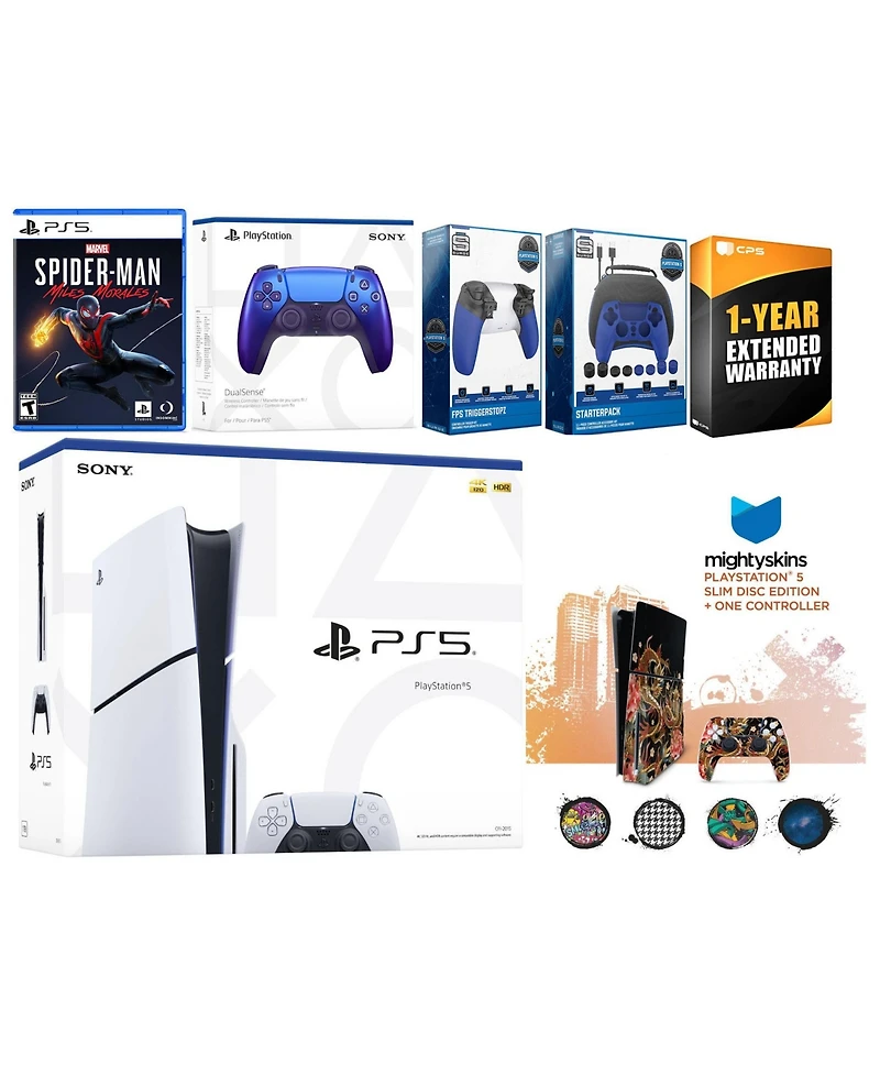 Sony Playstation 5 Slim Disc with Spider-Man: Miles Morales, Extra Sterling Silver Controller, Gamer Kit, Trigger Kit and MightySkins Decal Voucher +