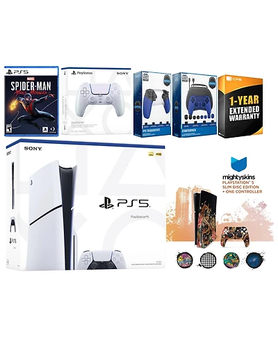 Sony Playstation 5 Slim Disc with Spider-Man: Miles Morales, Extra Sterling Silver Controller, Gamer Kit, Trigger Kit and MightySkins Decal Voucher +