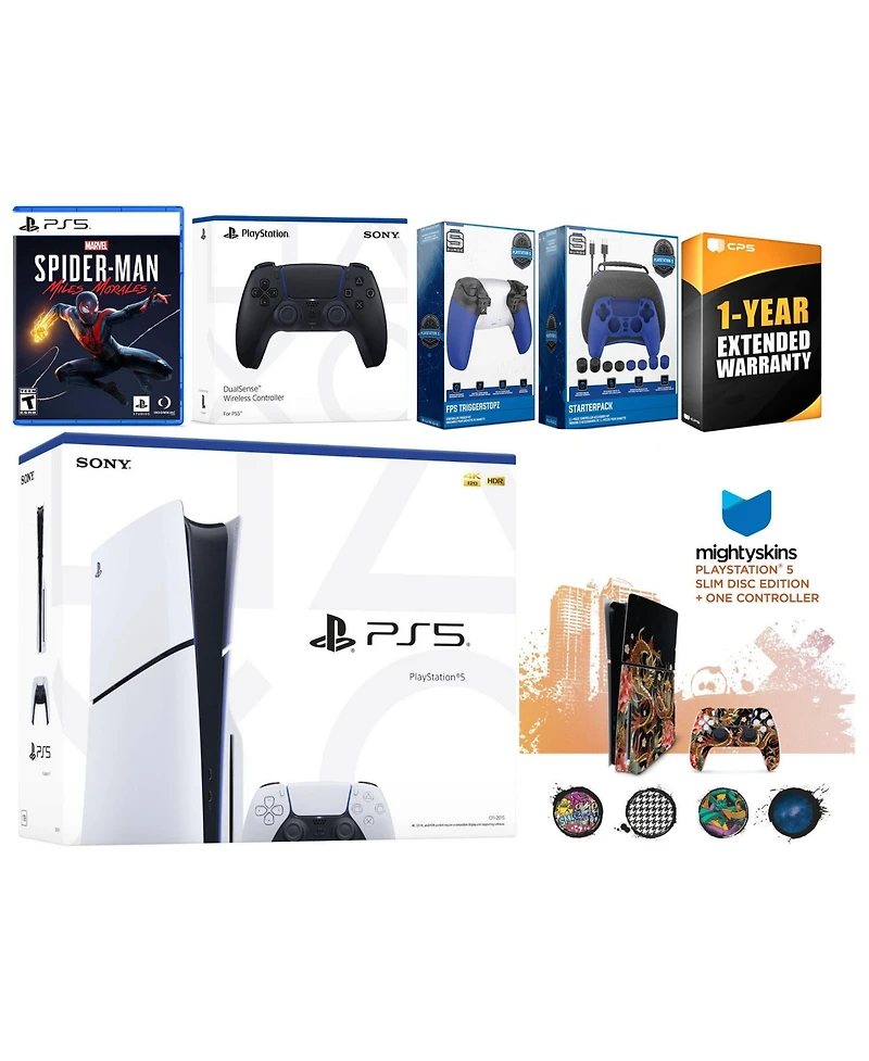 Sony Playstation 5 Slim Disc with Spider-Man: Miles Morales, Extra Sterling Silver Controller, Gamer Kit, Trigger Kit and MightySkins Decal Voucher +