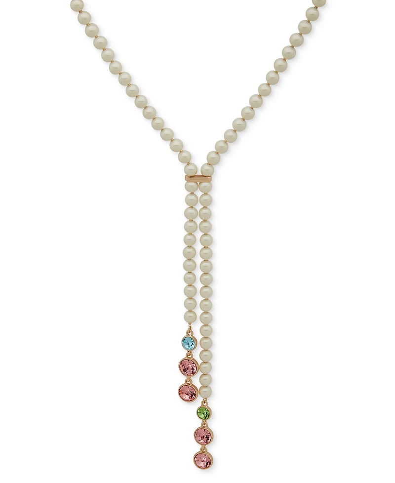 Emily in Paris Gold-Tone Muti Stone & Imitation Pearl Lariat Necklace, 20" + 3" extender