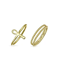 Bling Jewelry Religious Stackable Minimalist 14K Gold Plated .925 Sterling Silver Egyptian Ankh Cross Ring Set 1MM Enhancer Cable Band