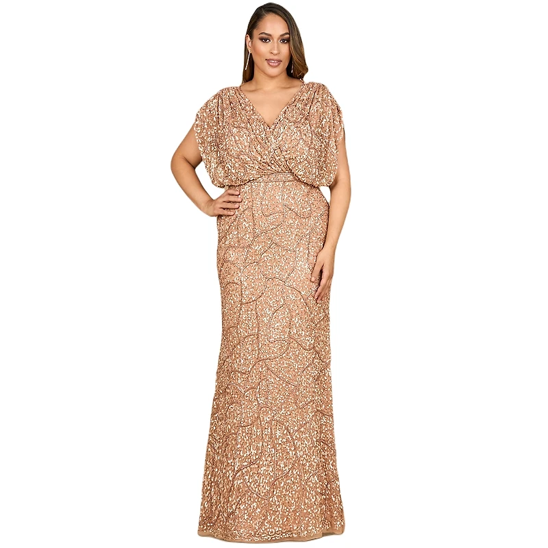 Lara Women's Beaded Gown with Draped Cape Sleeves