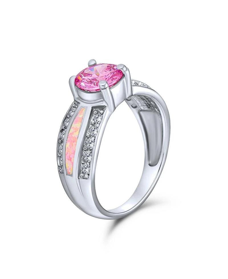 Bling Jewelry Unique Pink Cz Round Solitaire Promise Ring .925 Sterling Silver Created Opal Inlay Wide Band