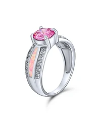 Bling Jewelry Unique Pink Cz Round Solitaire Promise Ring .925 Sterling Silver Created Opal Inlay Wide Band