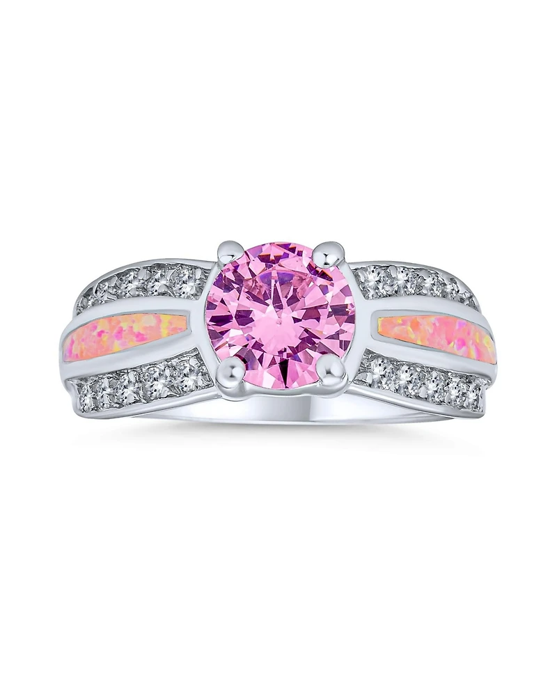 Bling Jewelry Unique Pink Cz Round Solitaire Promise Ring .925 Sterling Silver Created Opal Inlay Wide Band