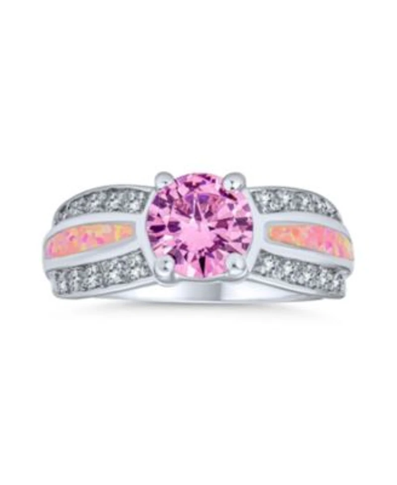 Bling Jewelry Unique Pink Cz Round Solitaire Promise Ring .925 Sterling Silver Created Opal Inlay Wide Band